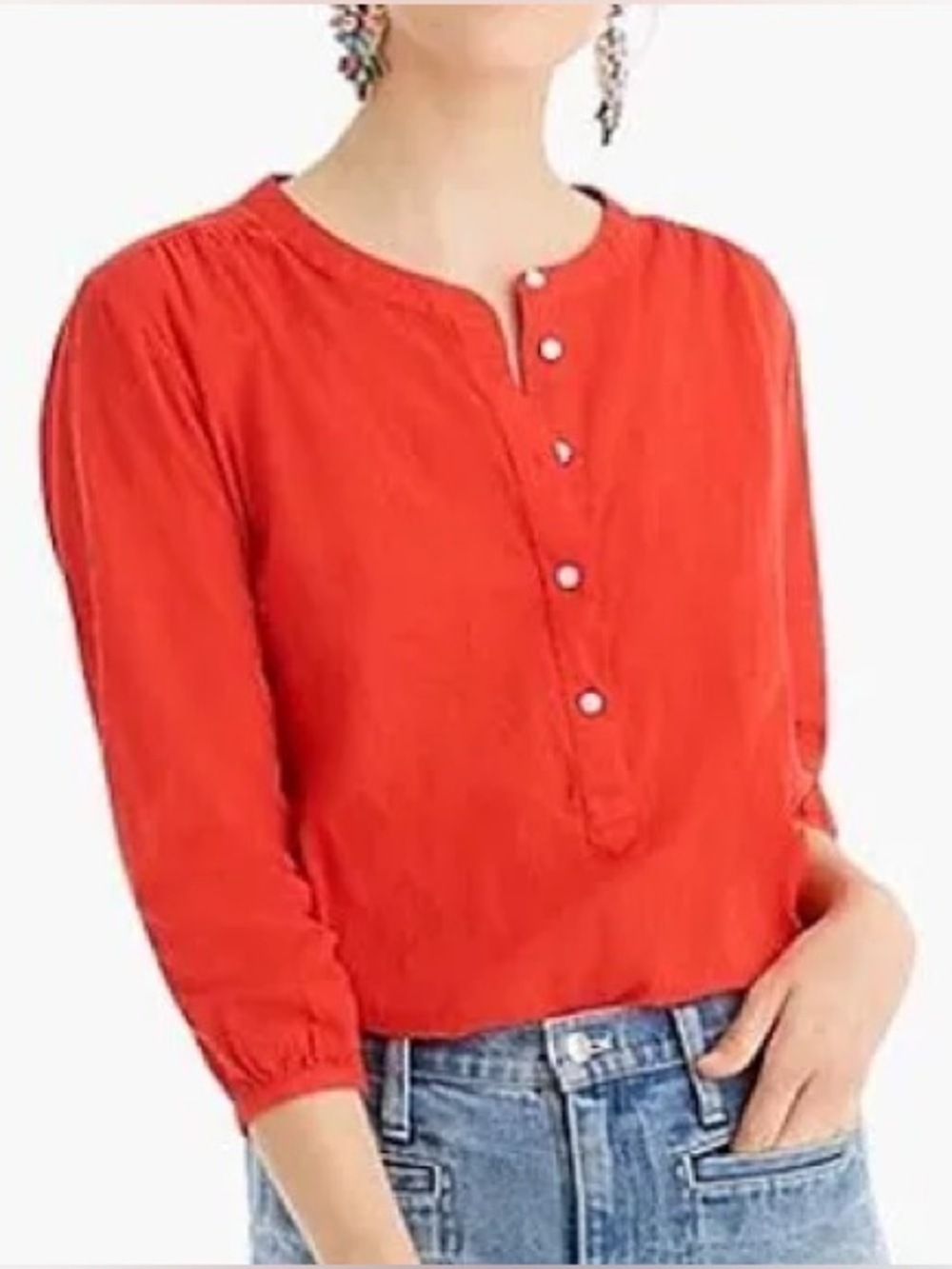 J Crew Woman’s Popover Top In Crinkled Cotton Color Redish Orange Large